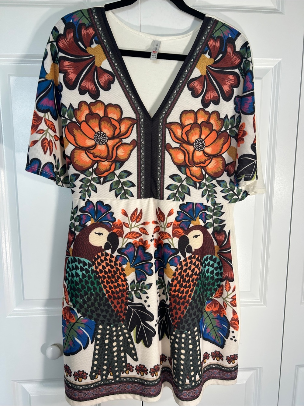Cream Mini Dress with Vibrant Floral & Parrot Print